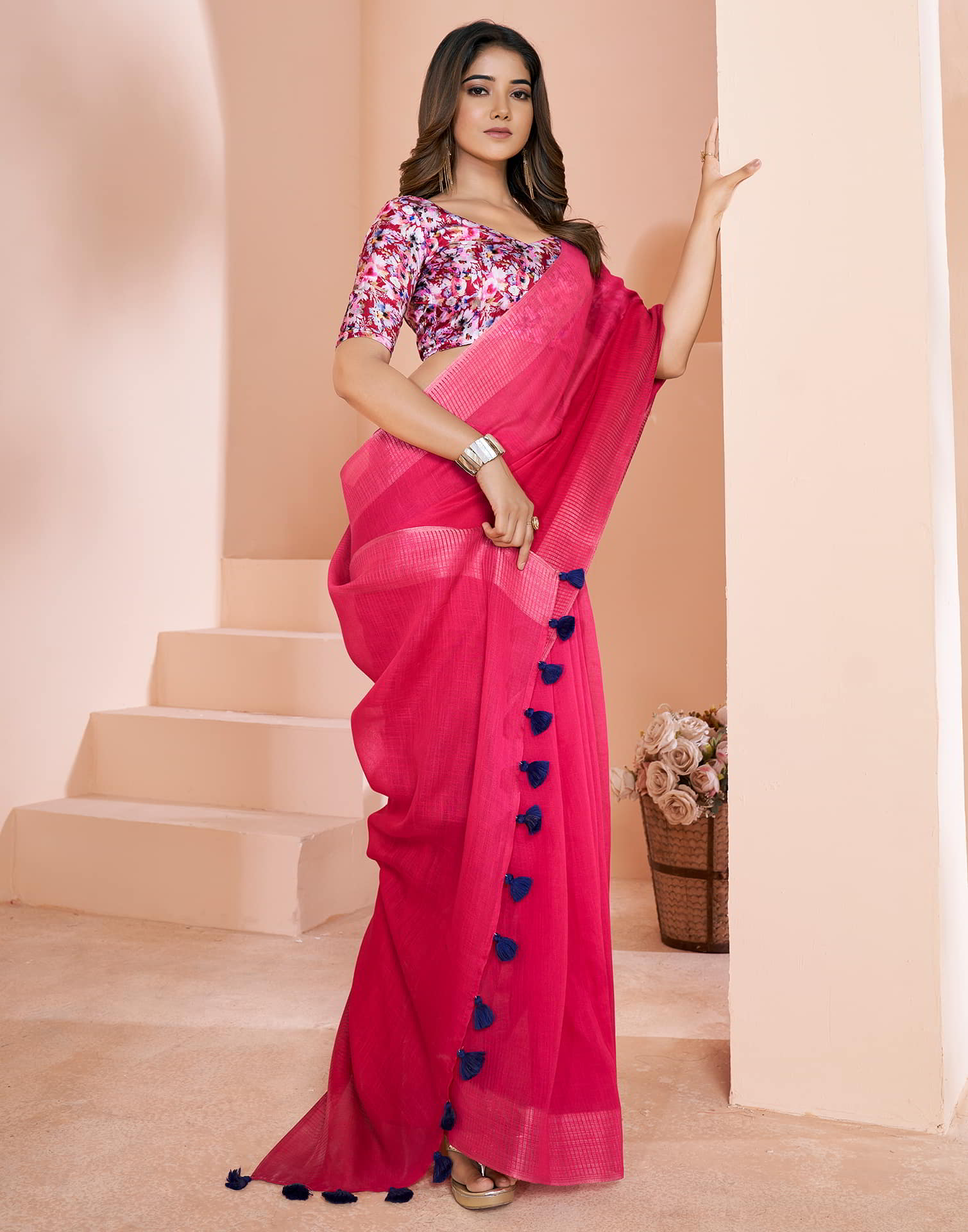 Pink Linen Plain Saree