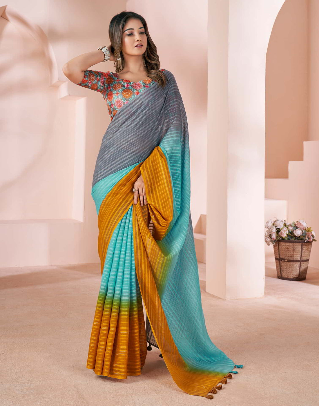 Turquoise Linen Plain Saree