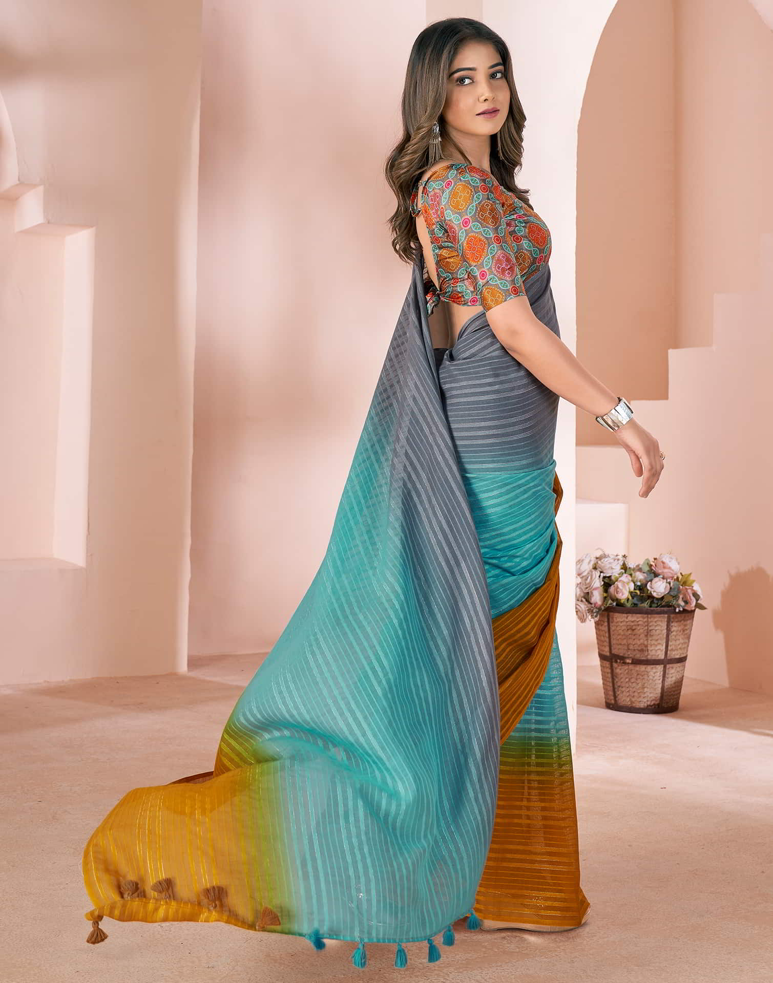 Turquoise Linen Plain Saree