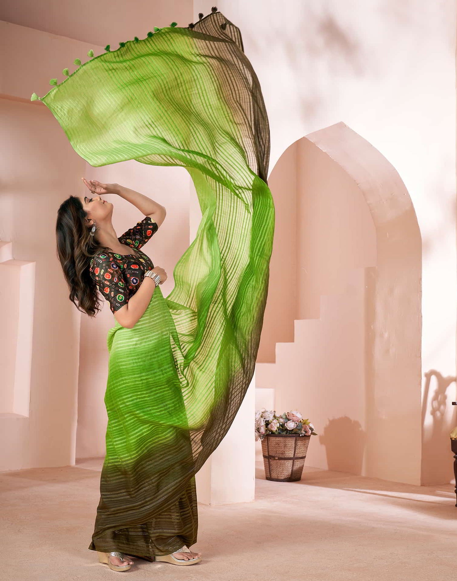 Green Linen Plain Saree