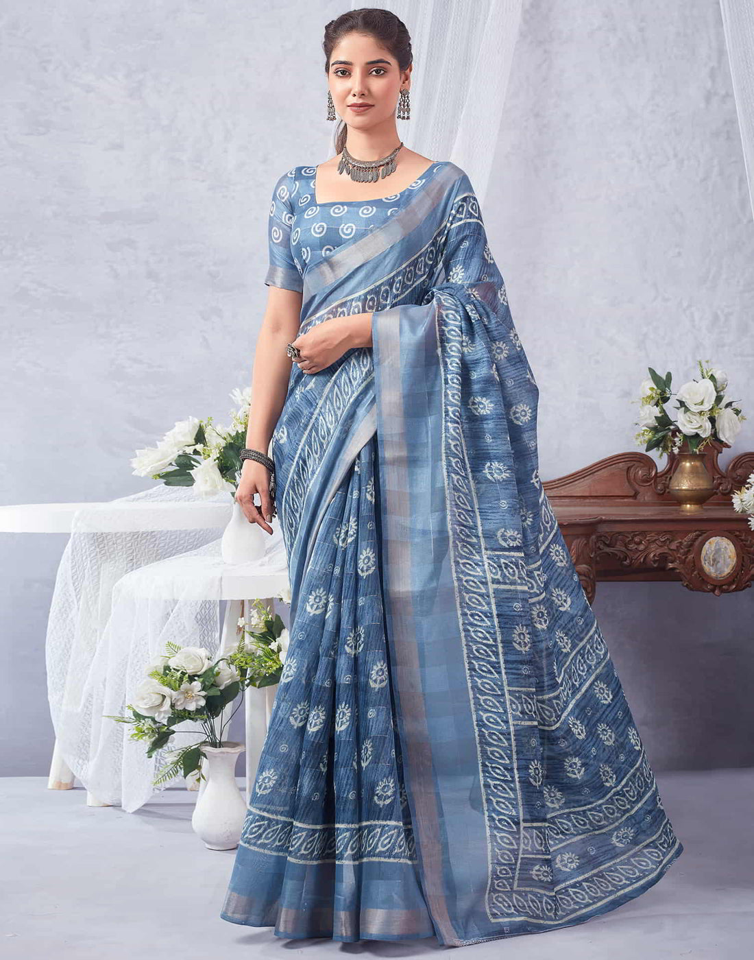 Blue Printed Cotton Saree