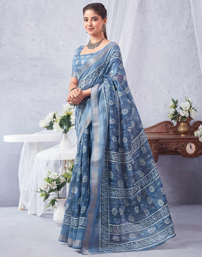 Blue Printed Cotton Saree