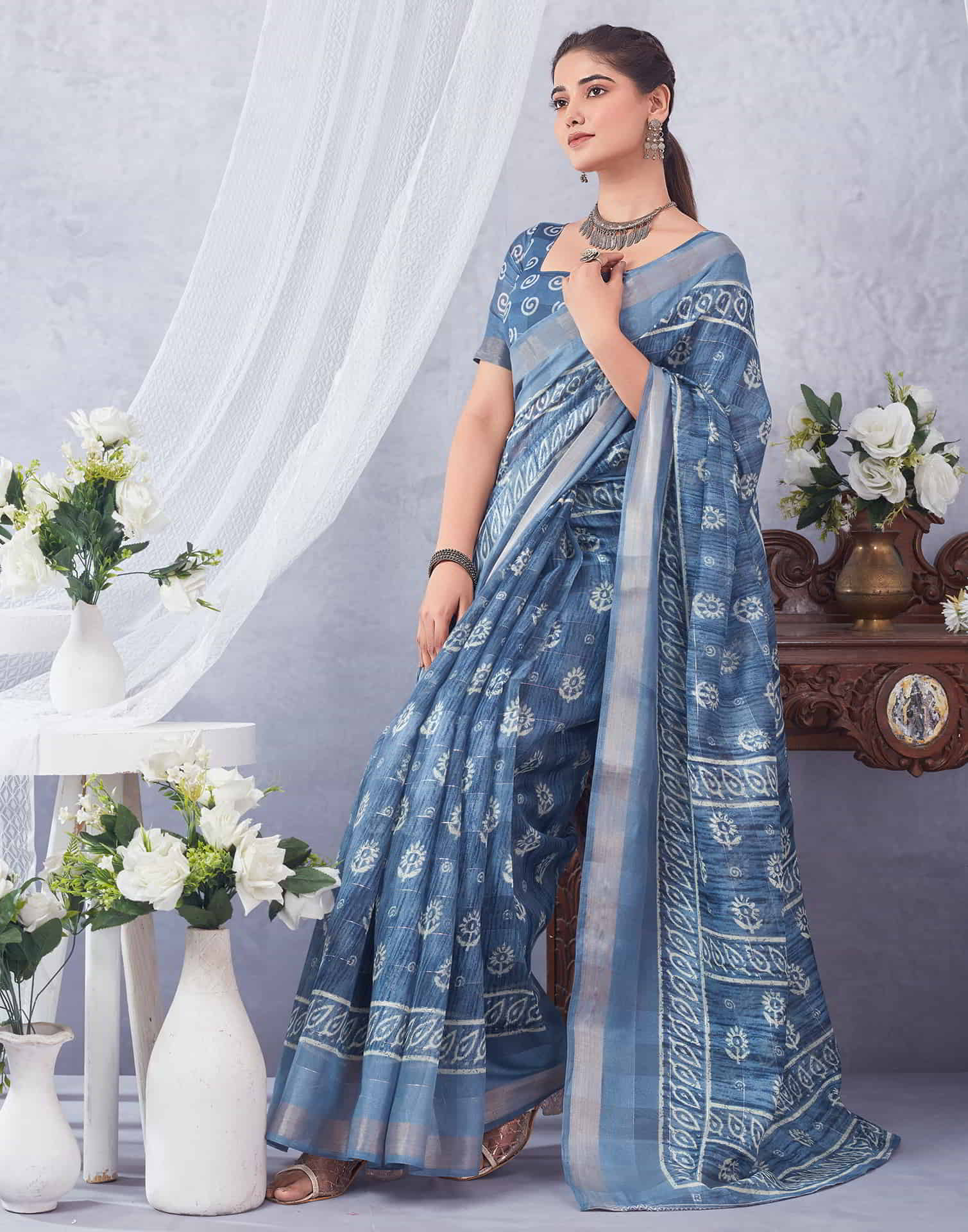 Blue Printed Cotton Saree