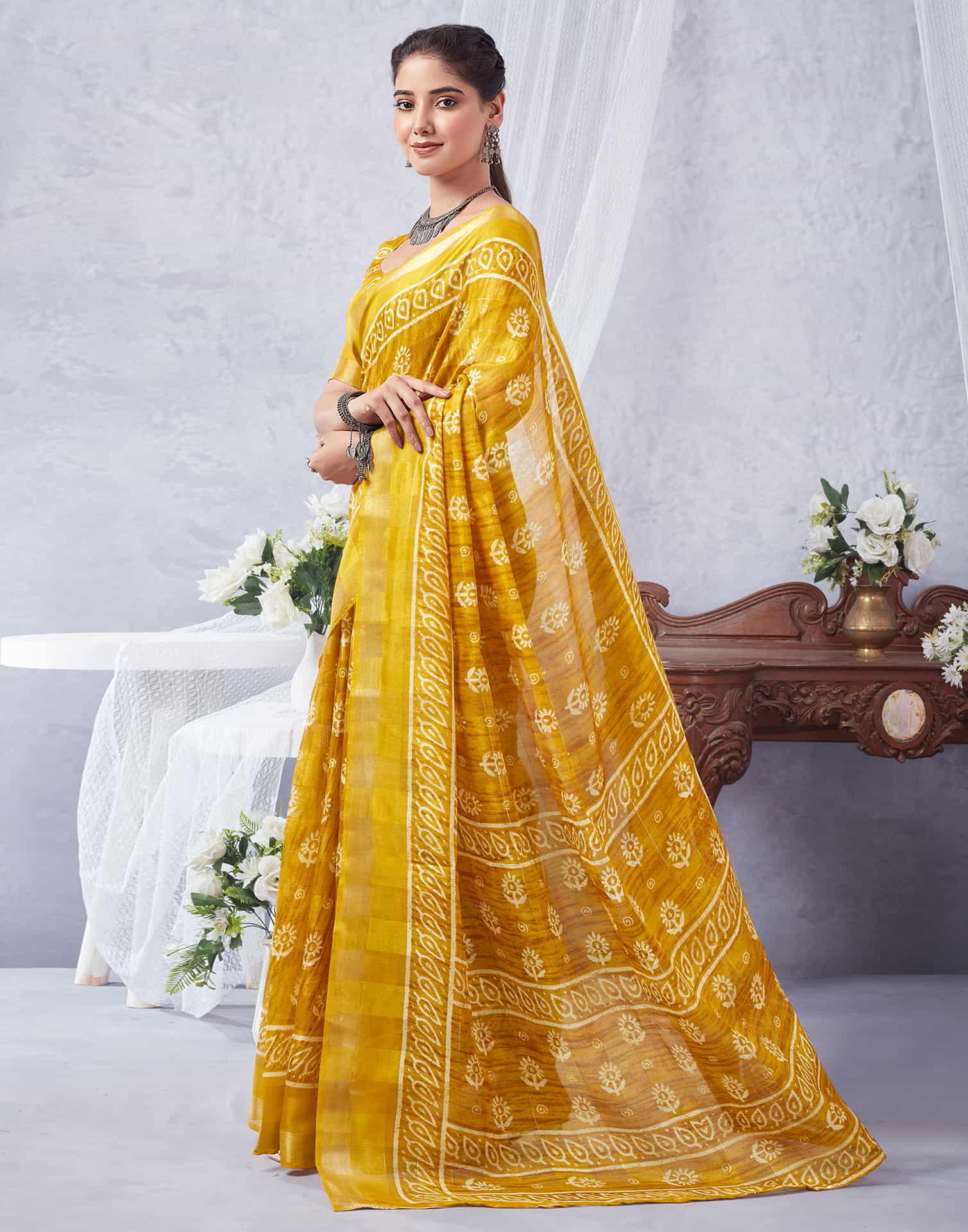 Yellow Printed Cotton Saree