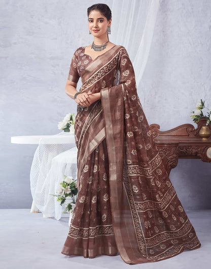 Brown Printed Cotton Saree