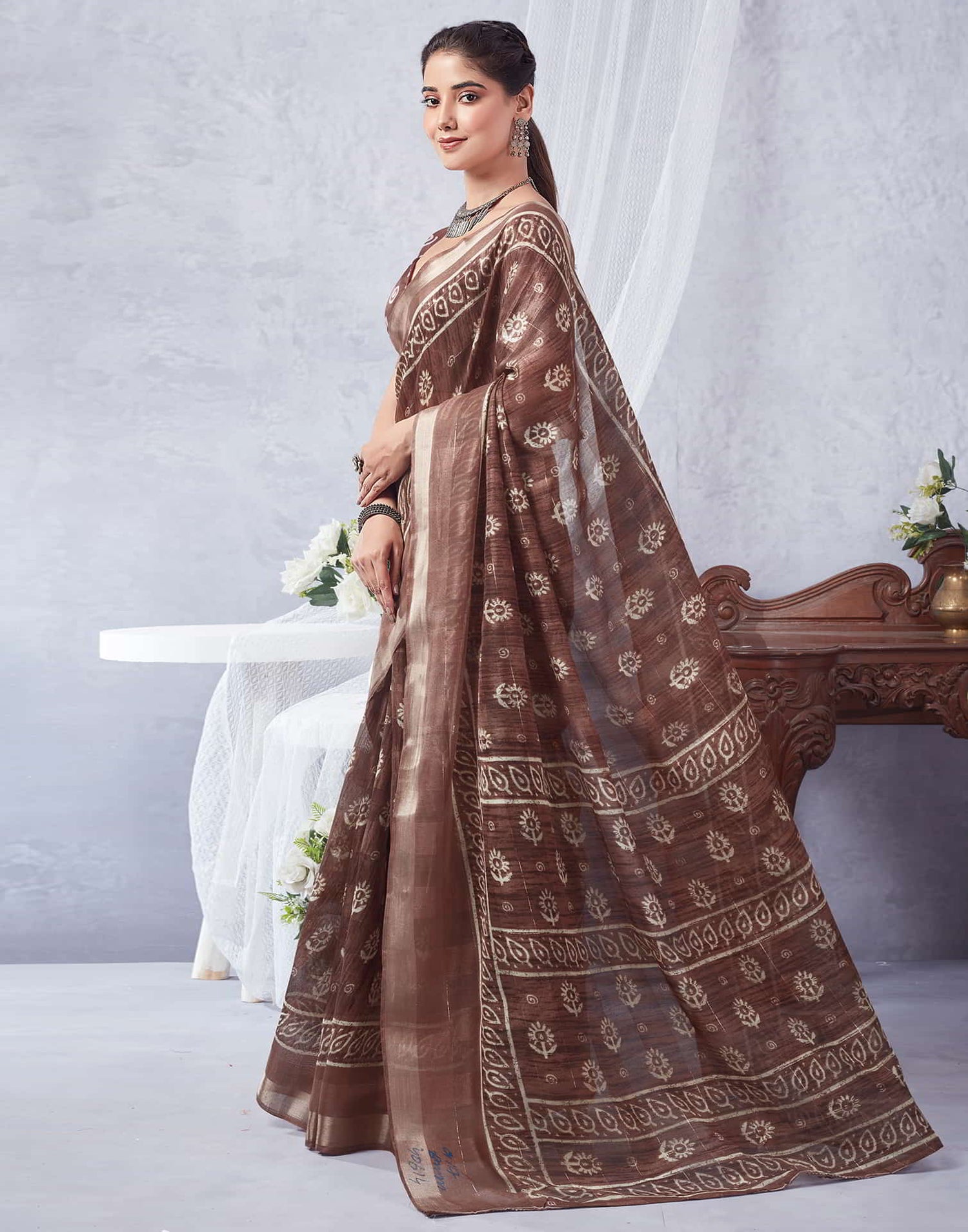 Brown Printed Cotton Saree