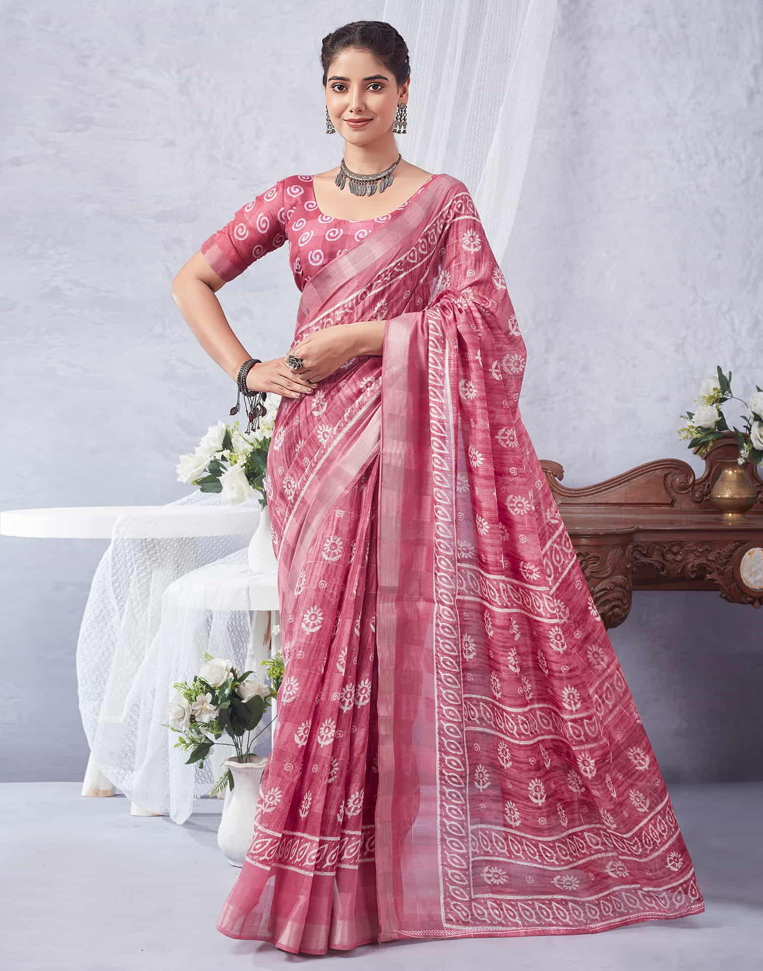 Pink Printed Cotton Saree