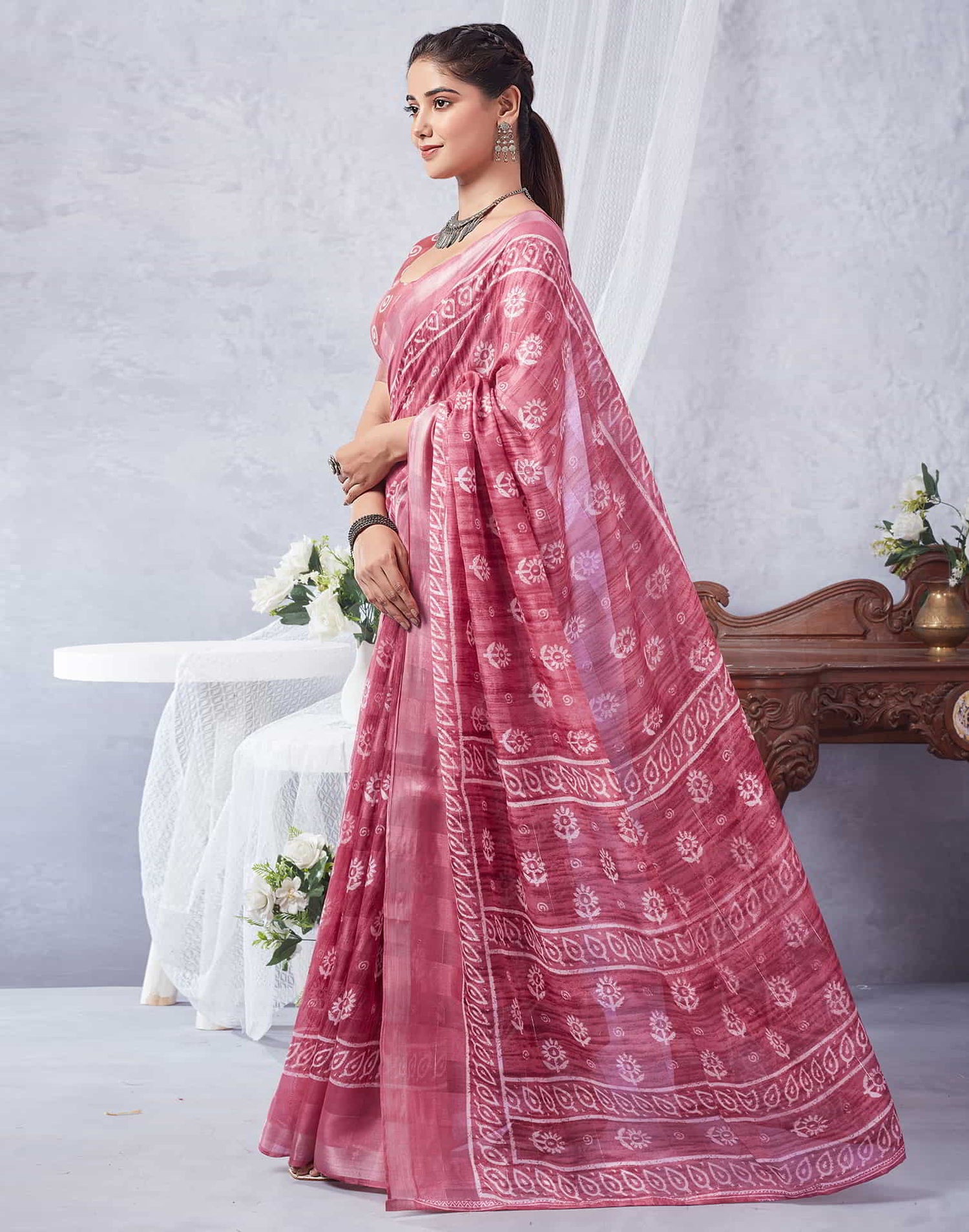 Pink Printed Cotton Saree