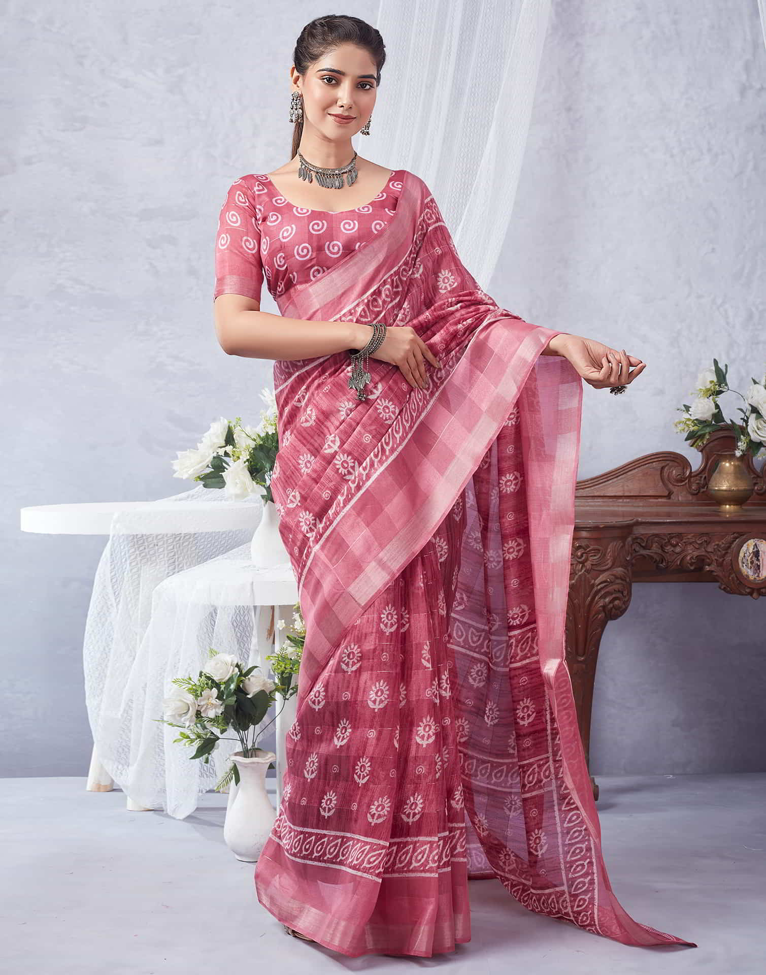 Pink Printed Cotton Saree