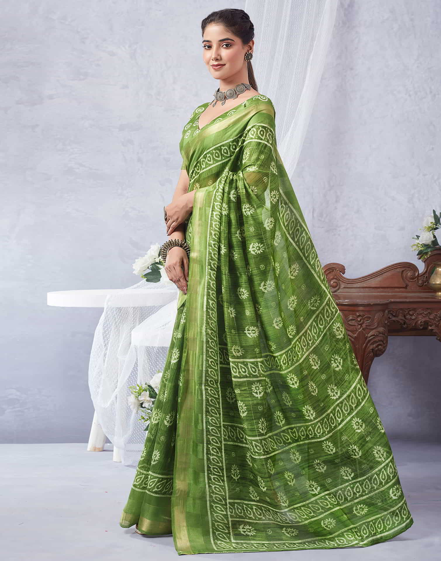 Green Printed Cotton Saree