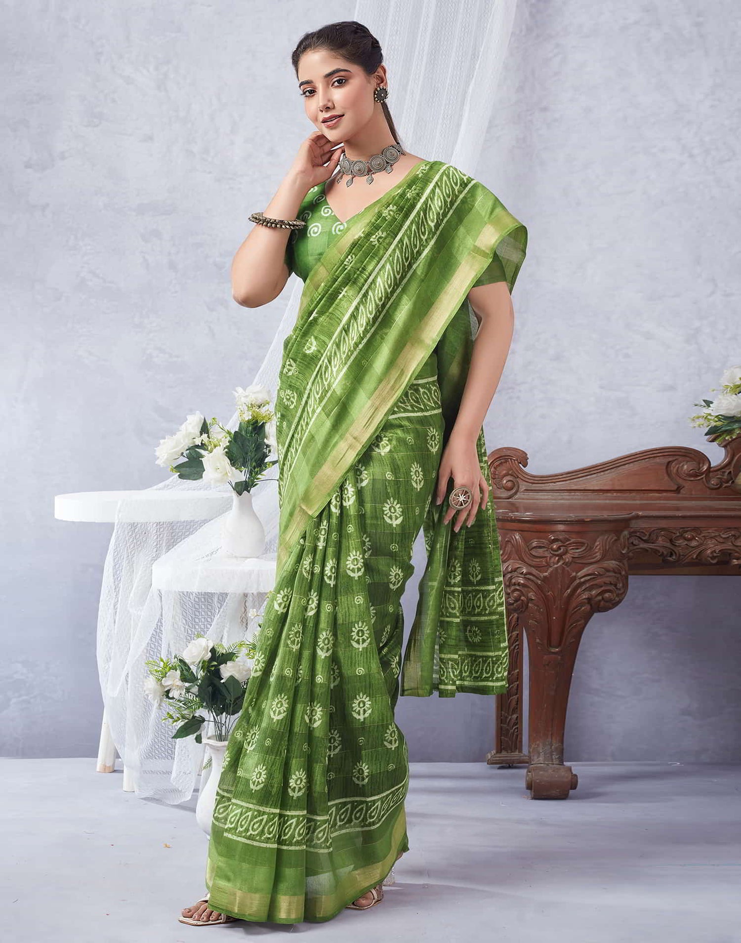 Green Printed Cotton Saree