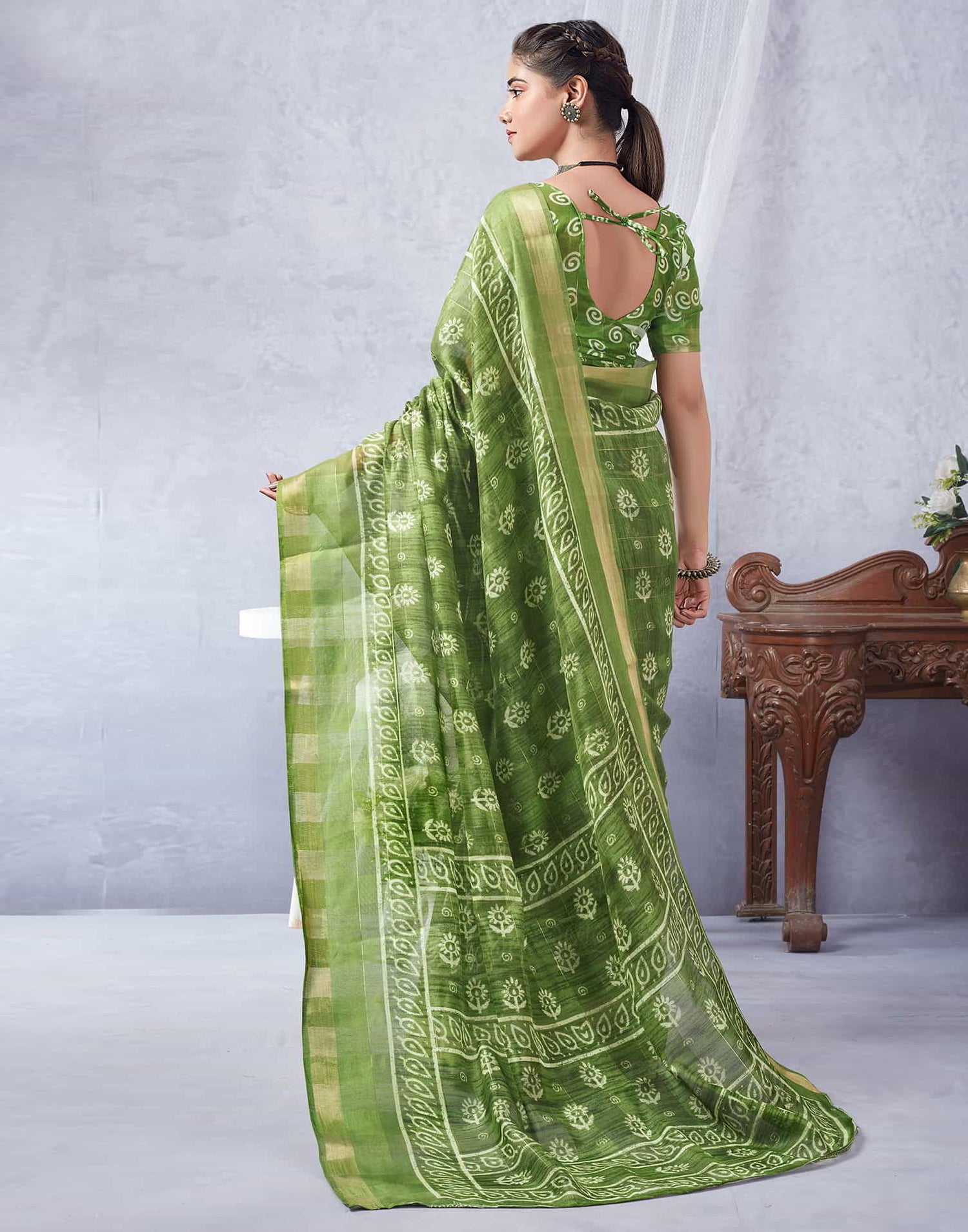 Green Printed Cotton Saree