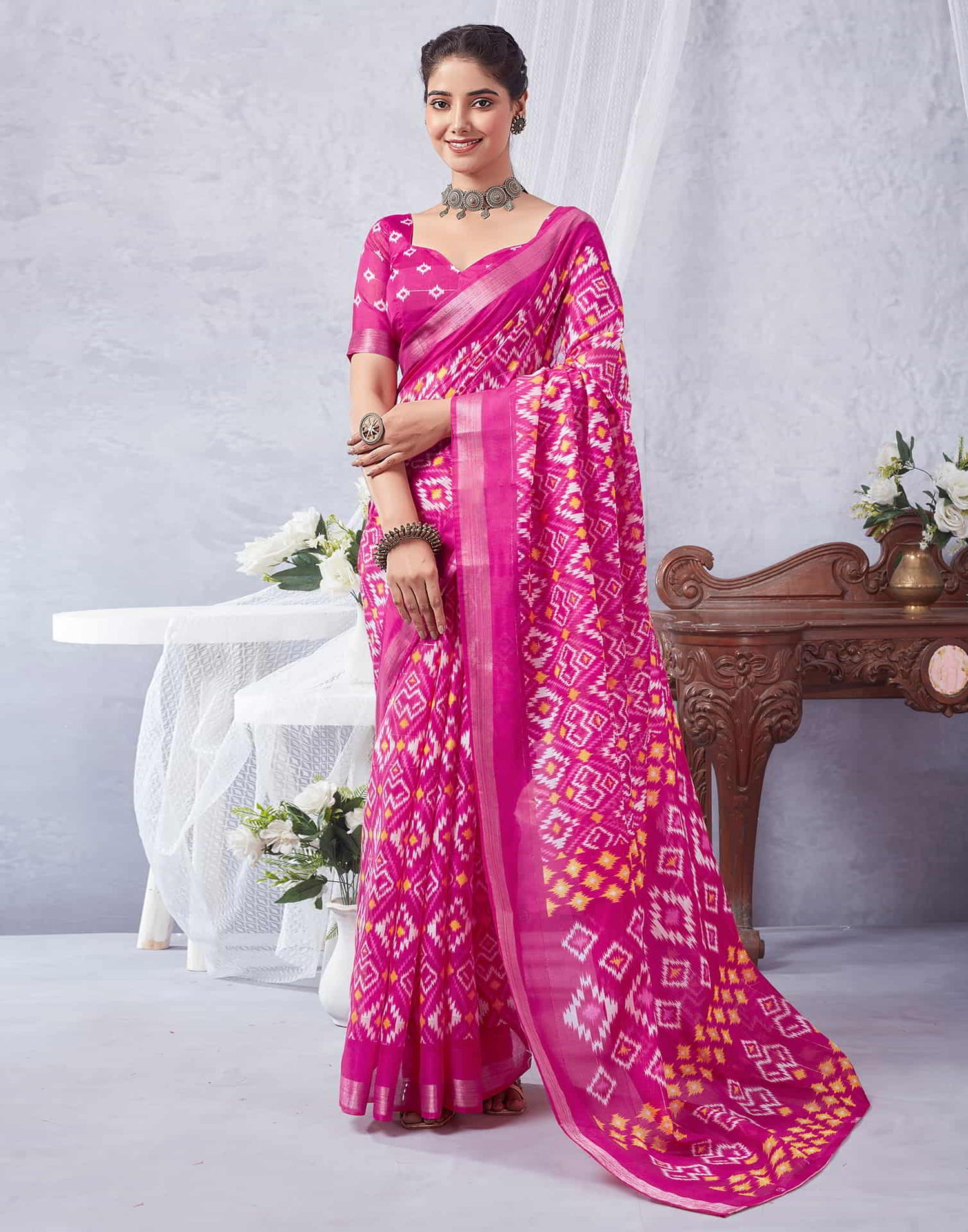 Pink Printed Cotton Geometric Saree