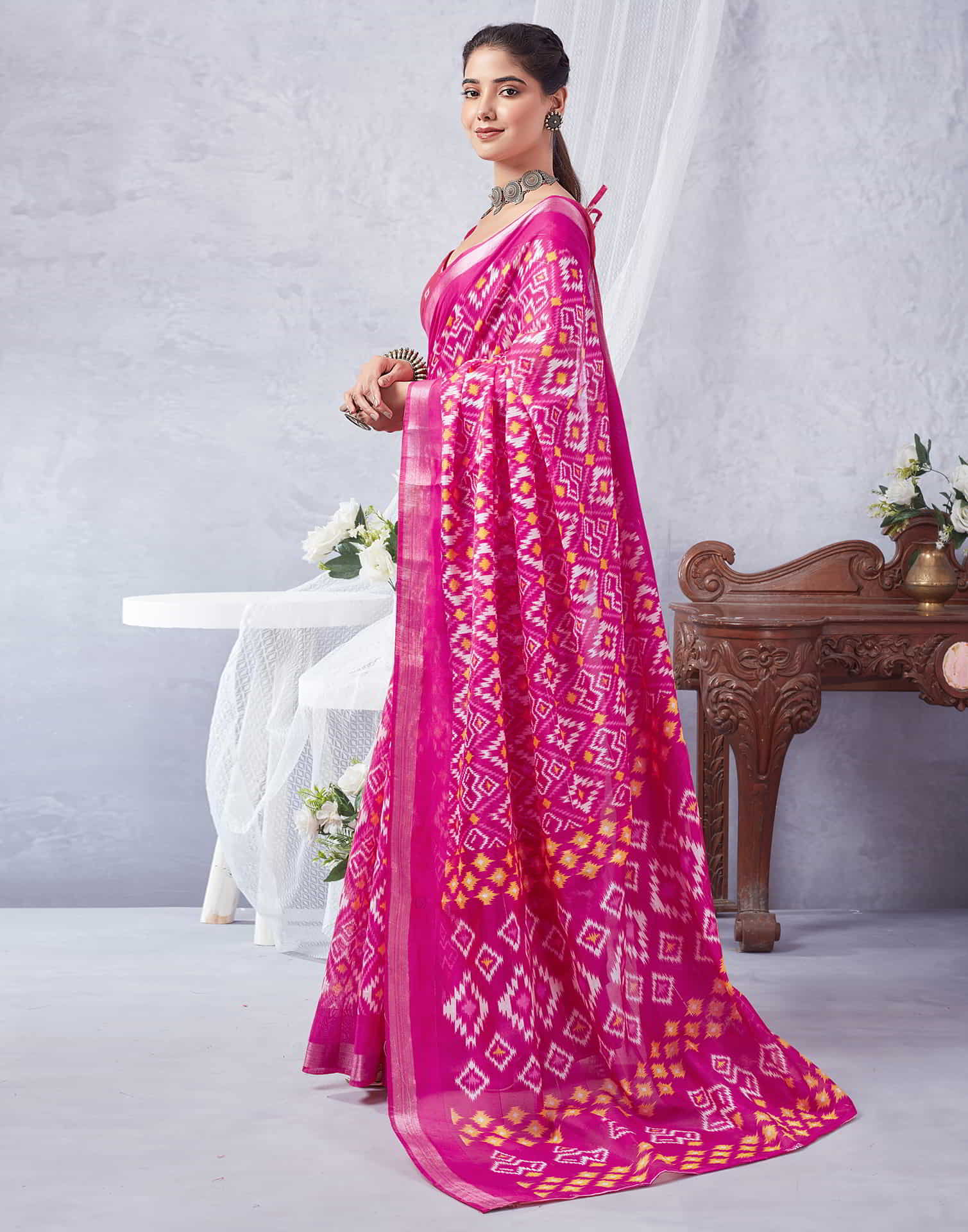 Pink Printed Cotton Geometric Saree