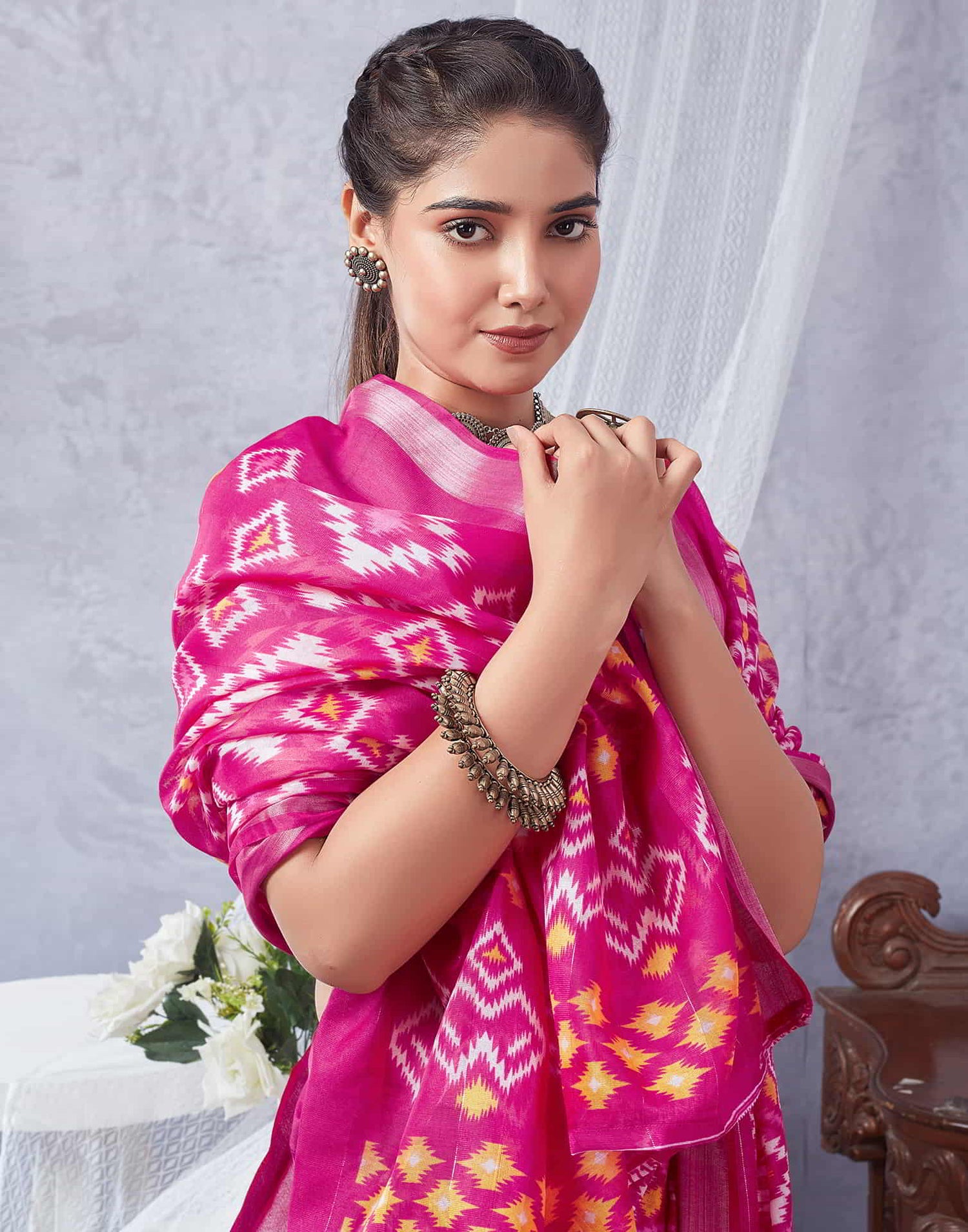 Pink Printed Cotton Geometric Saree