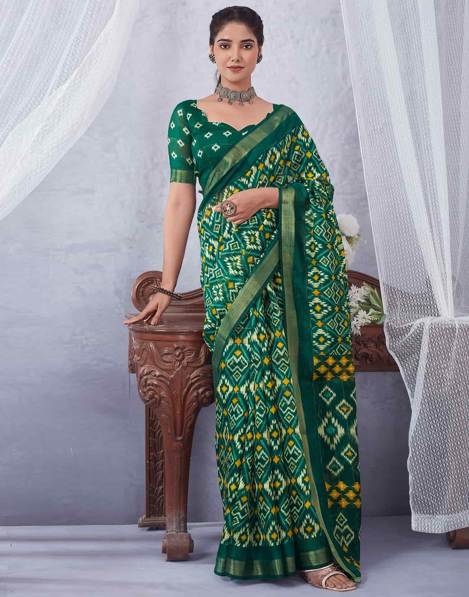 Green Printed Cotton Geometric Saree