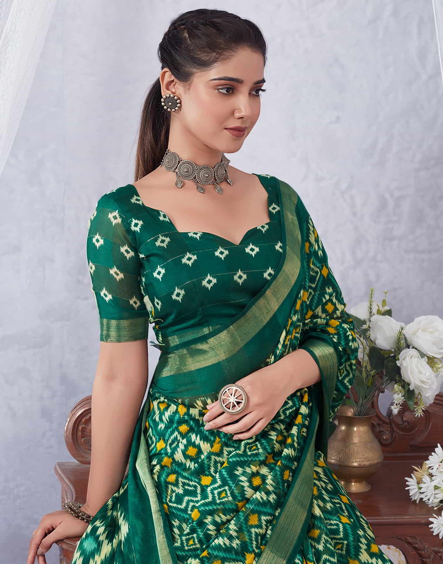 Green Printed Cotton Geometric Saree