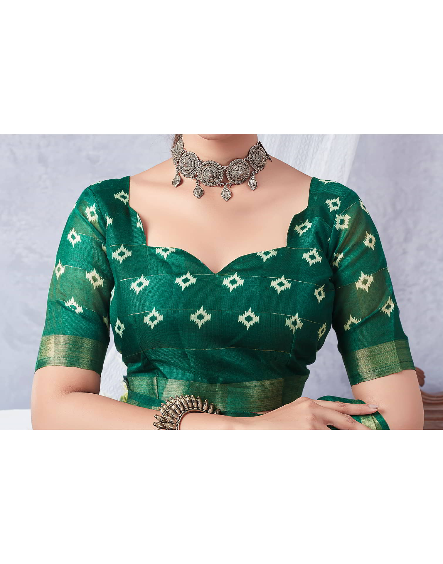 Green Printed Cotton Geometric Saree