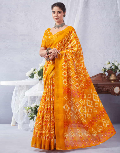 Yellow Printed Cotton Geometric Saree