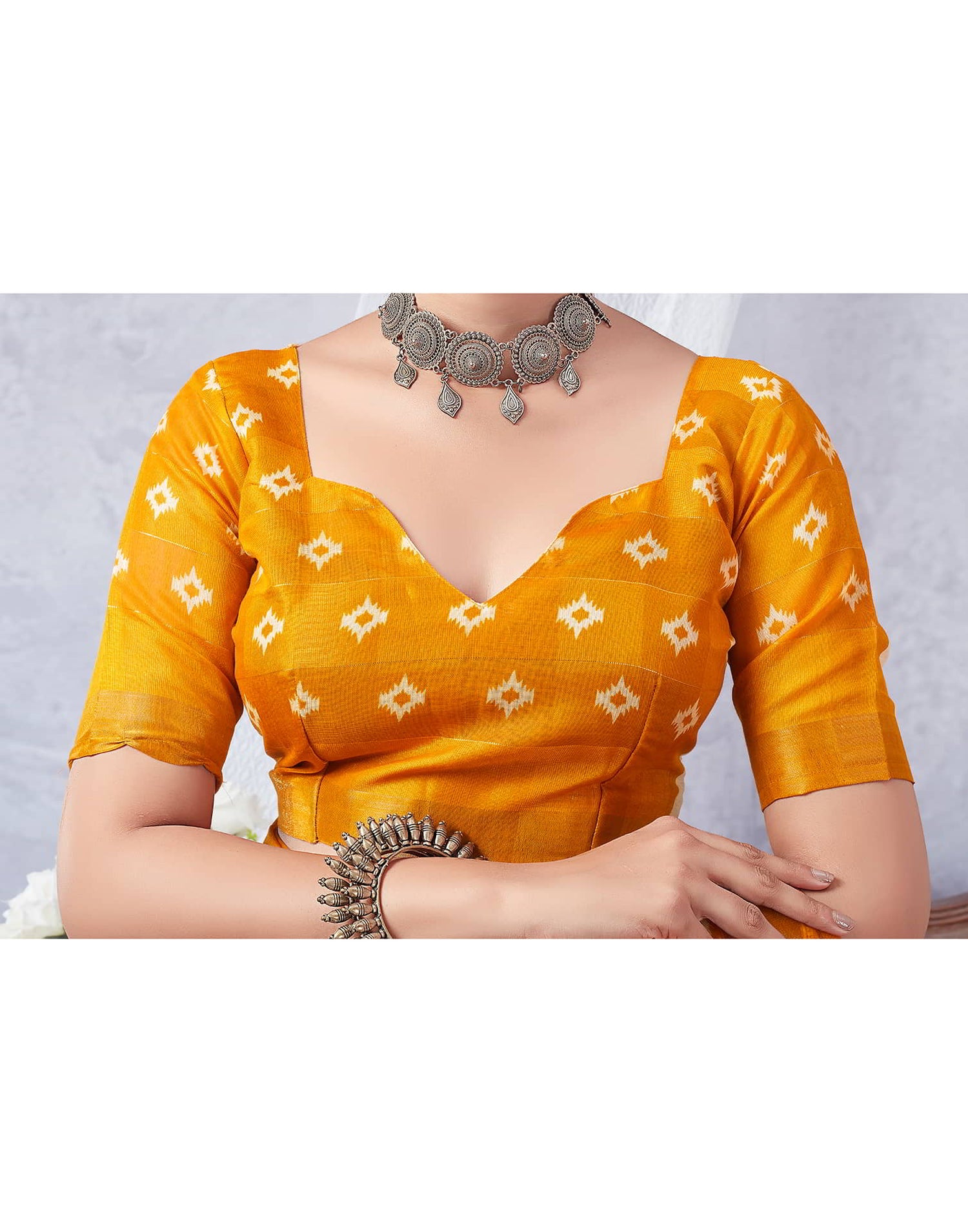 Yellow Printed Cotton Geometric Saree