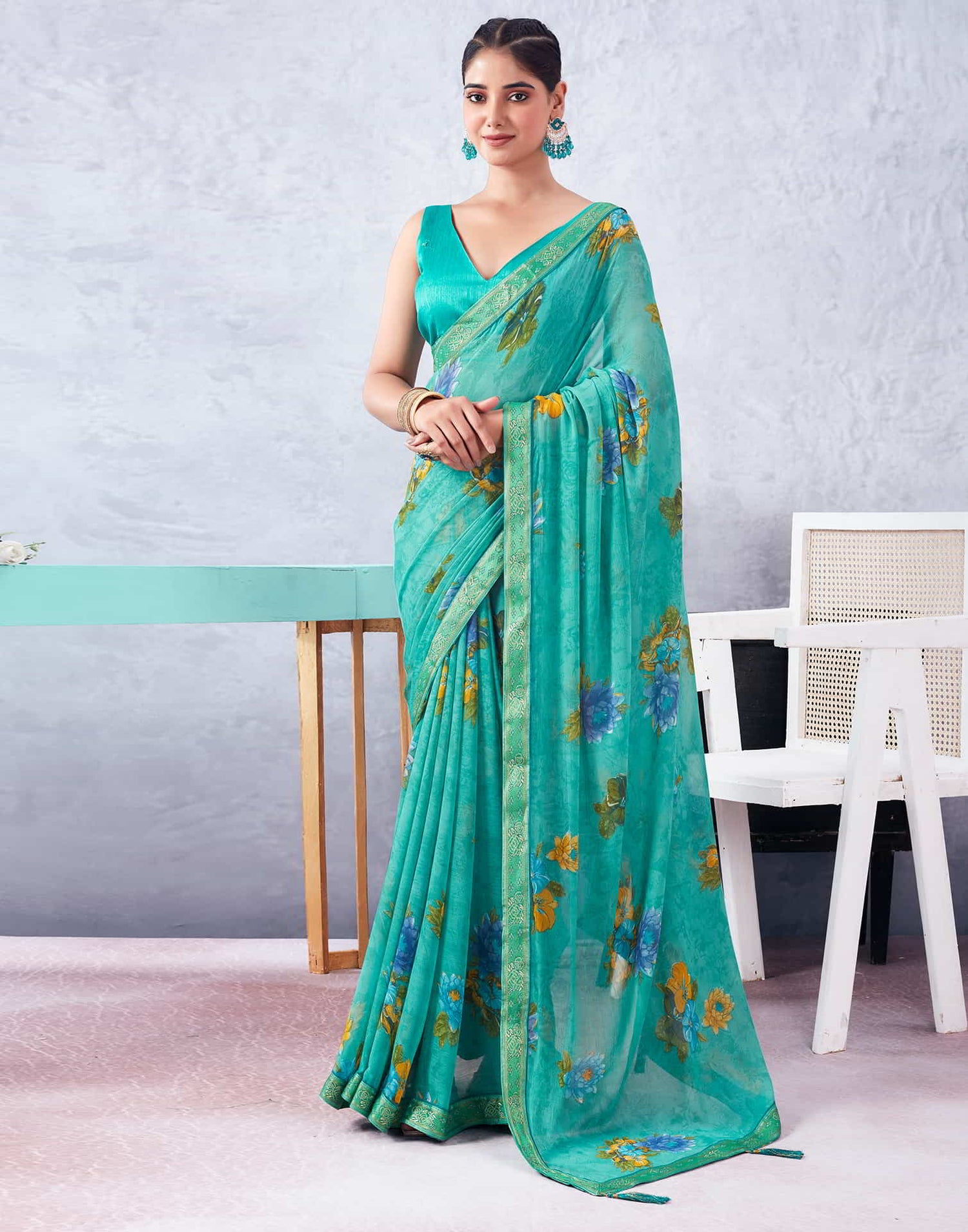 Turquoise Printed Chiffon Saree