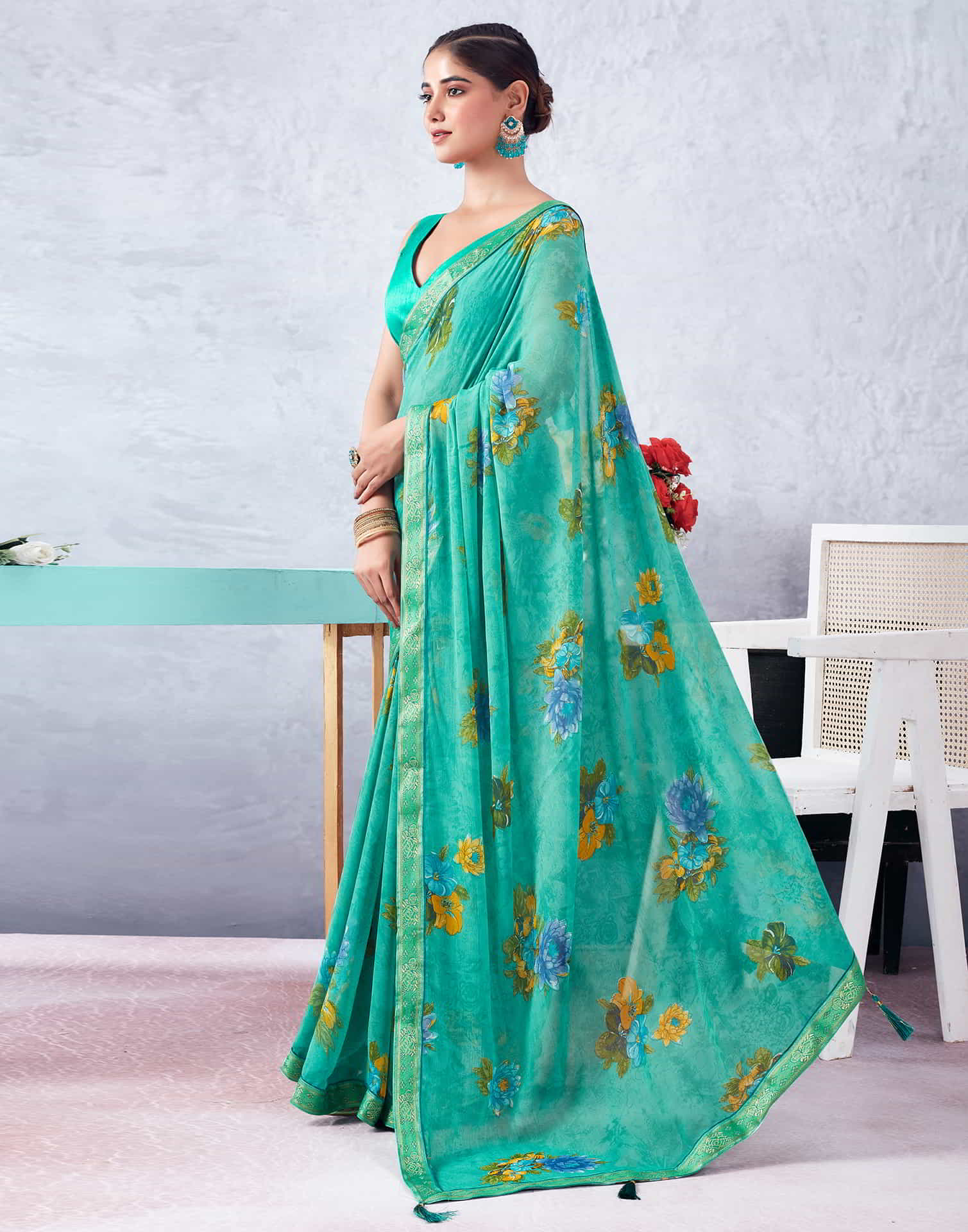 Turquoise Printed Chiffon Saree