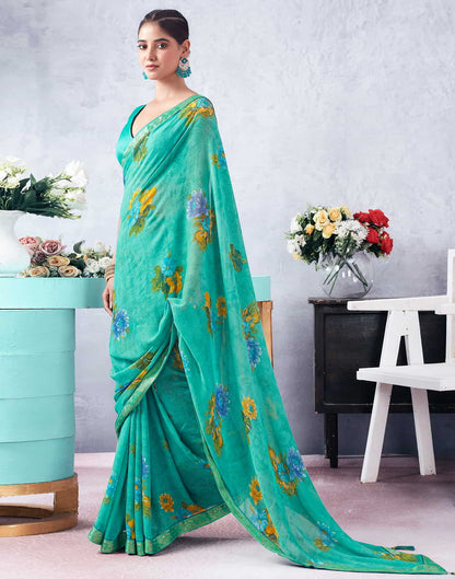 Turquoise Printed Chiffon Saree