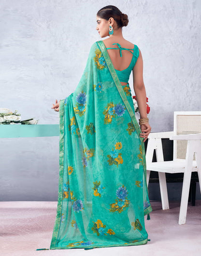 Turquoise Printed Chiffon Saree