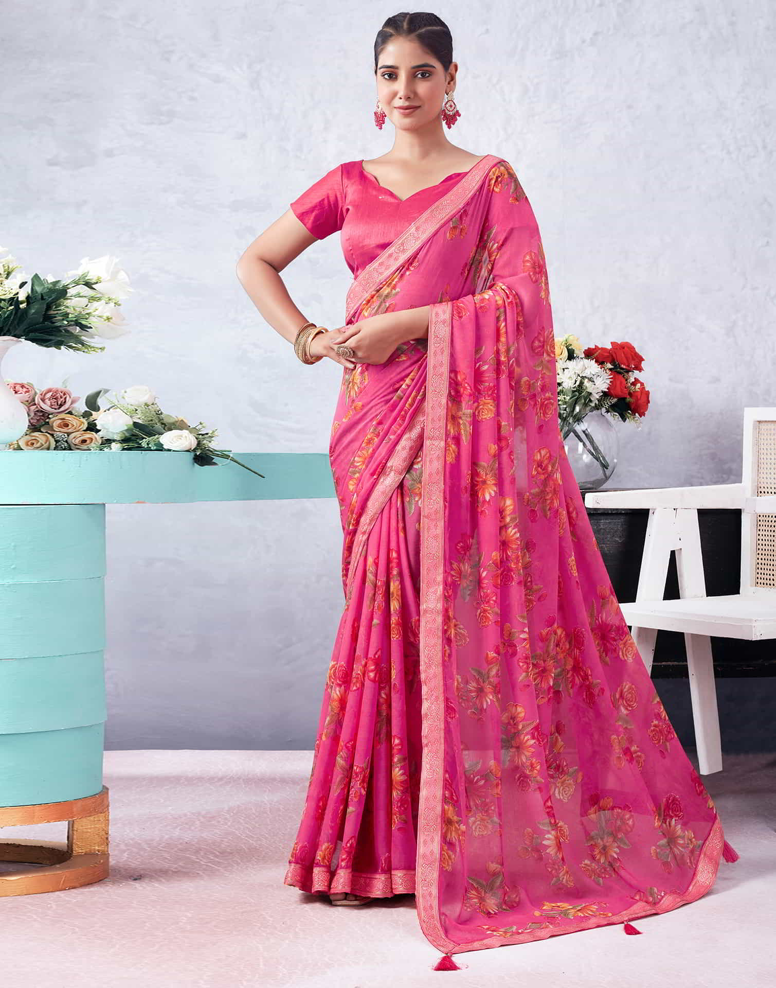 Pink Printed Chiffon Saree