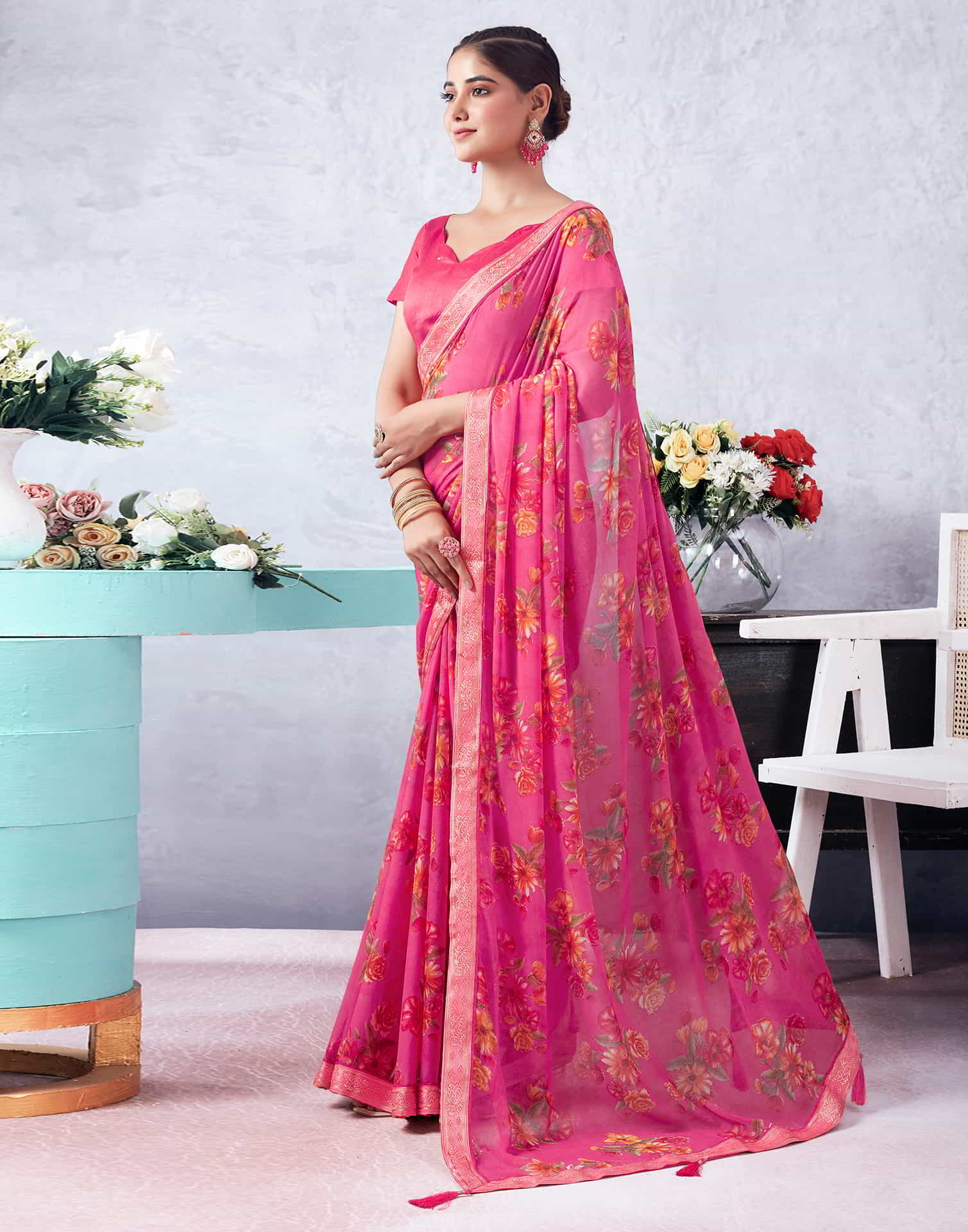 Pink Printed Chiffon Saree