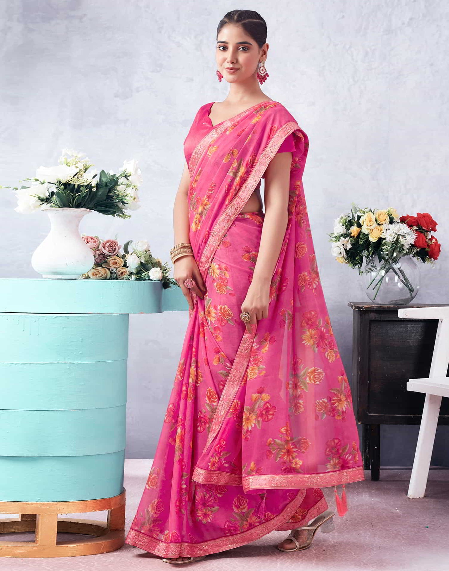 Pink Printed Chiffon Saree