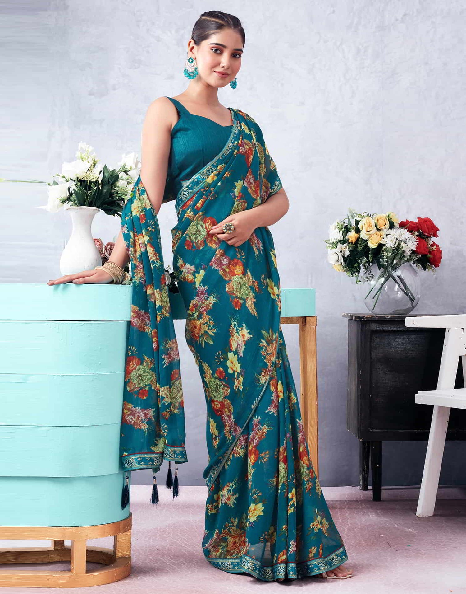 Green Printed Chiffon Saree