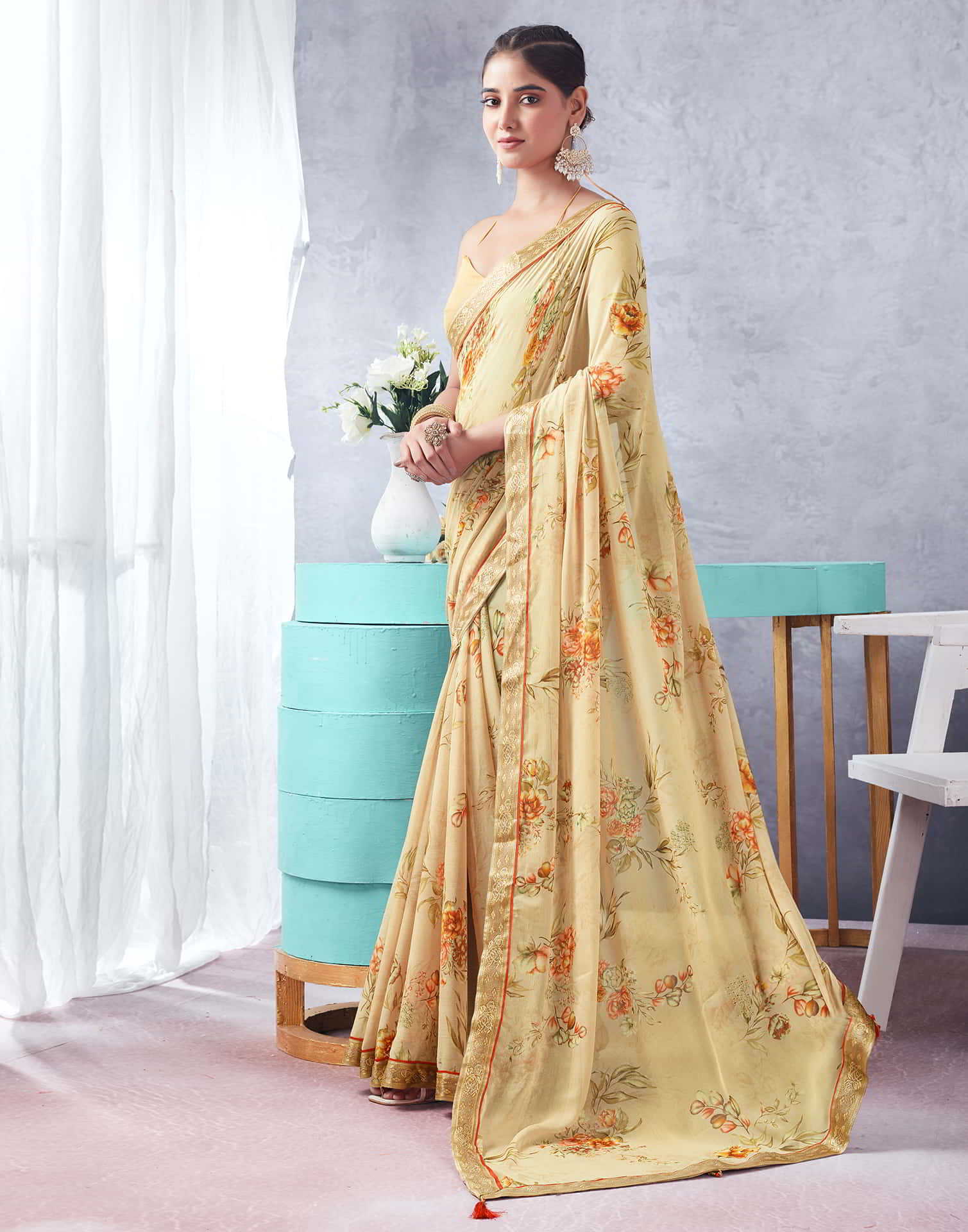 Beige Printed Chiffon Saree