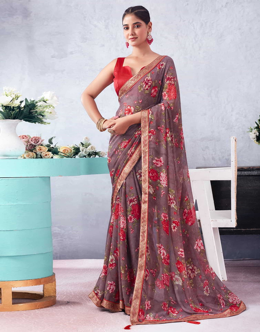 Mauve Printed Chiffon Saree