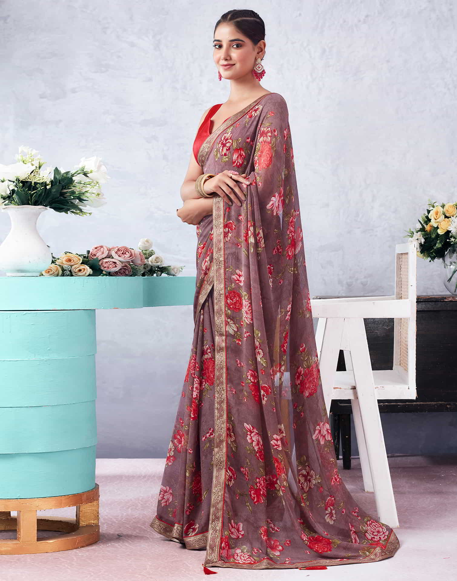 Mauve Printed Chiffon Saree