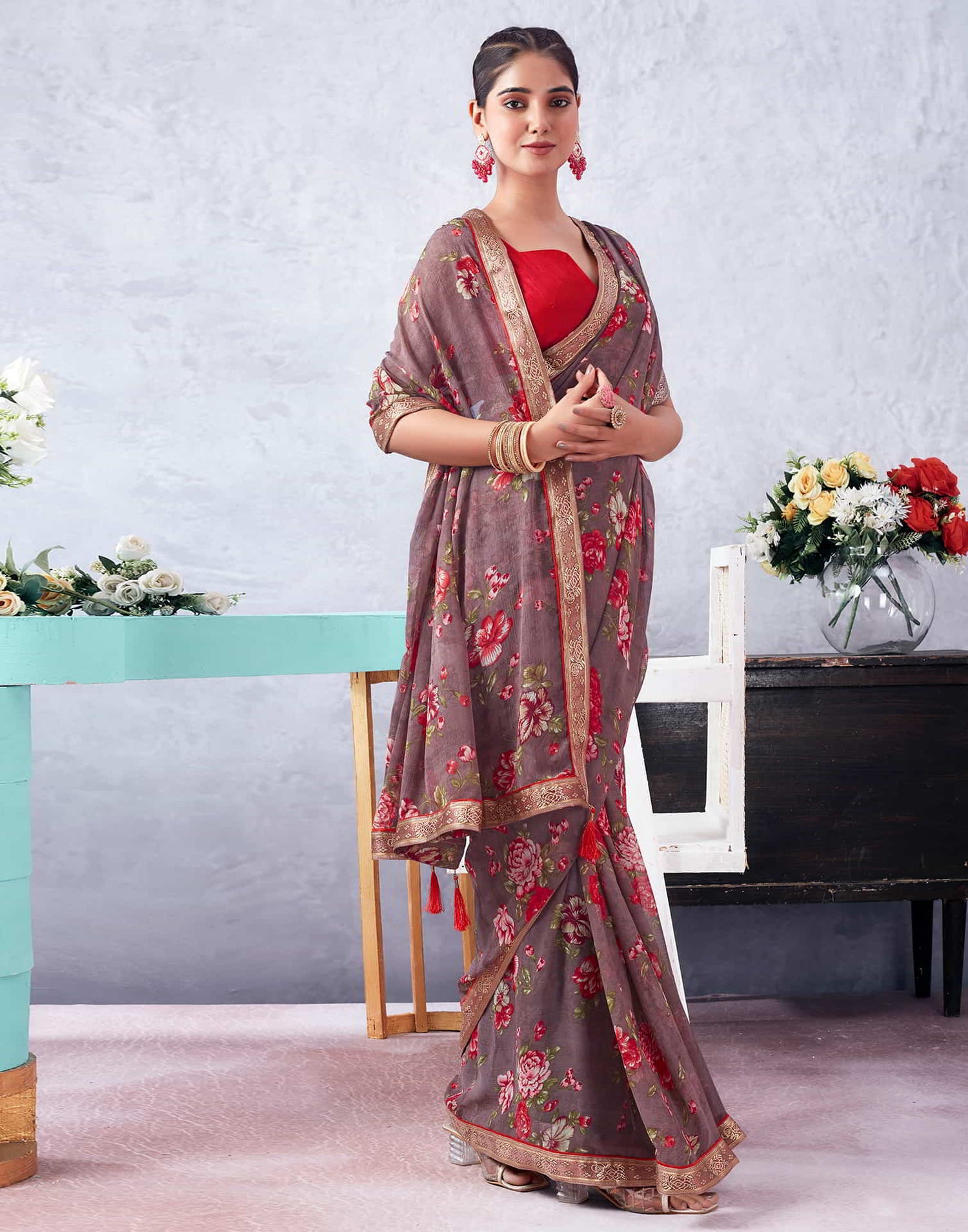 Mauve Printed Chiffon Saree