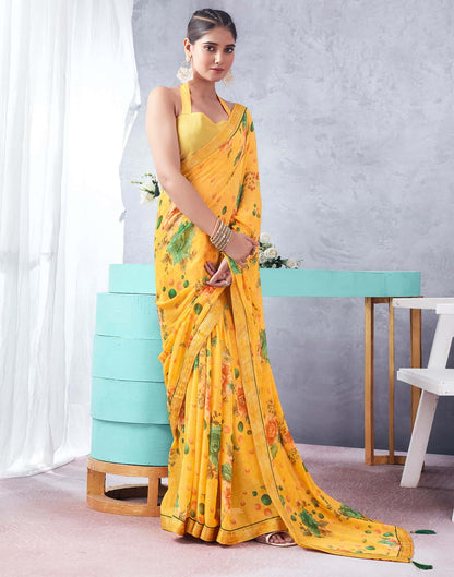 Yellow Printed Chiffon Saree