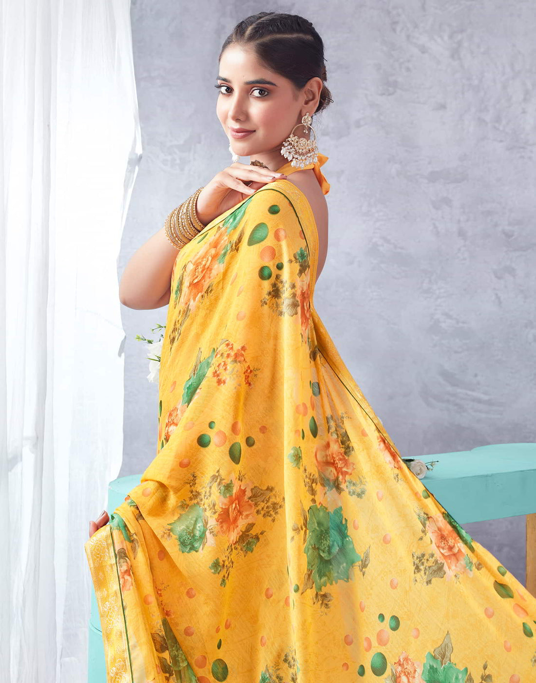 Yellow Printed Chiffon Saree