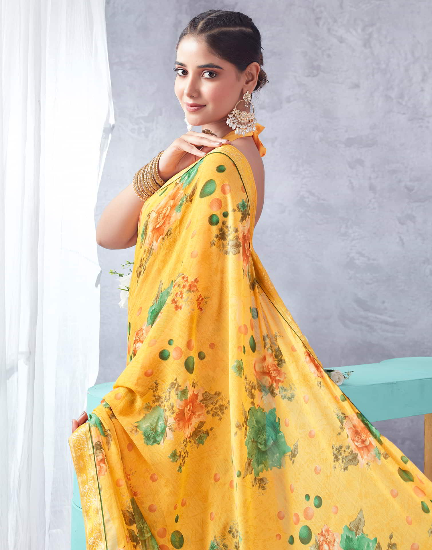 Yellow Printed Chiffon Saree