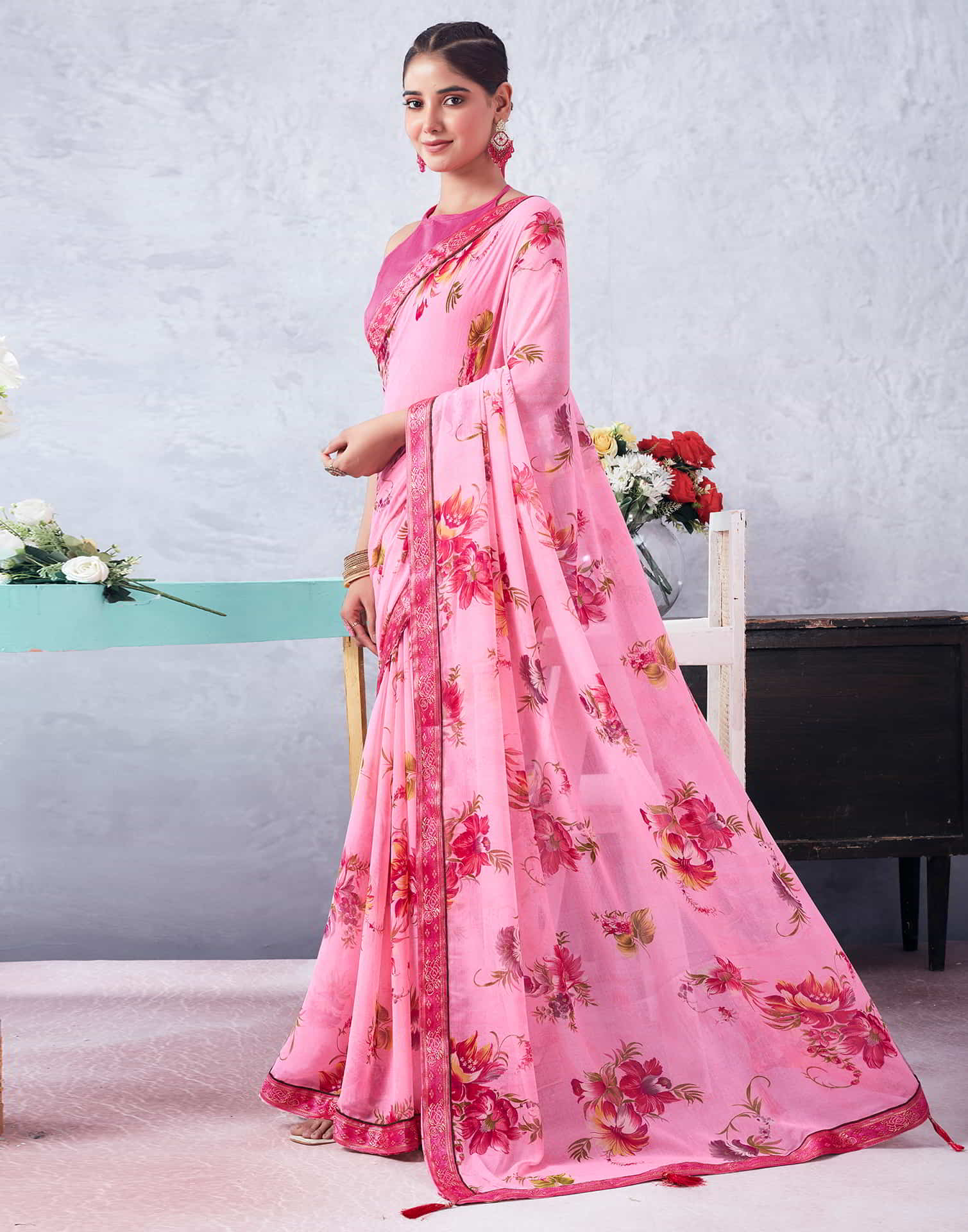 Pink Printed Chiffon Saree