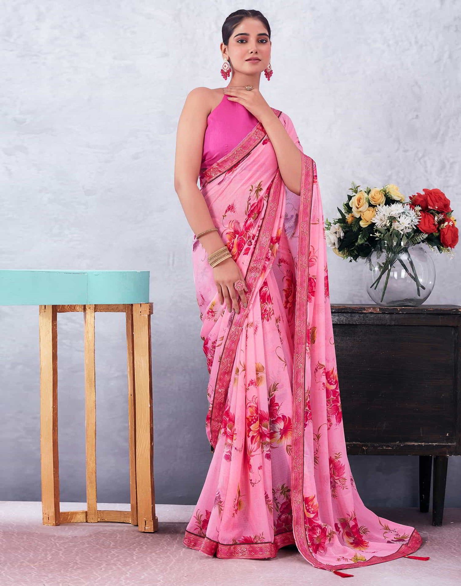 Pink Printed Chiffon Saree