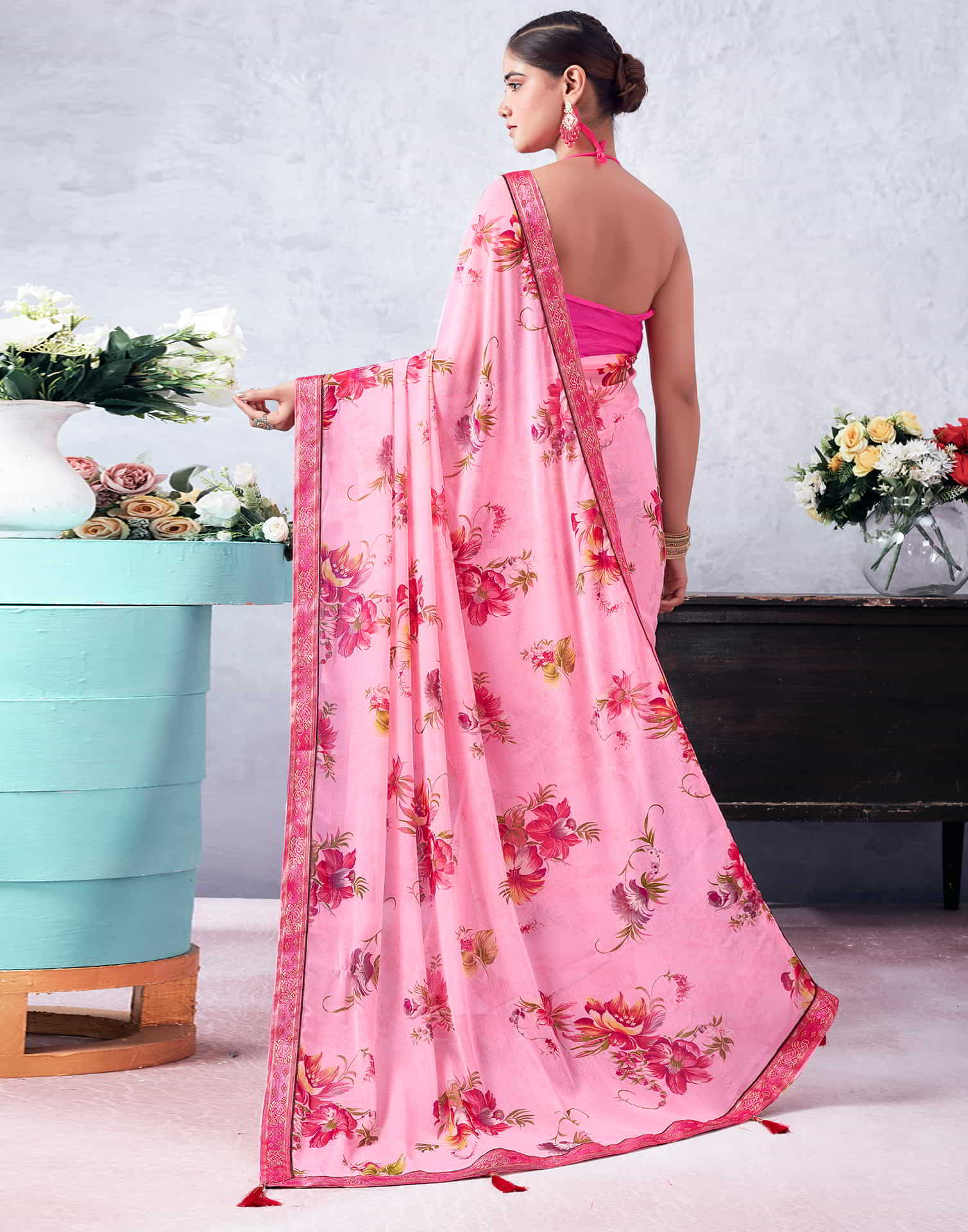 Pink Printed Chiffon Saree