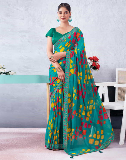 Green Printed Chiffon Geometric Saree