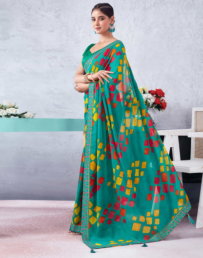 Green Printed Chiffon Geometric Saree