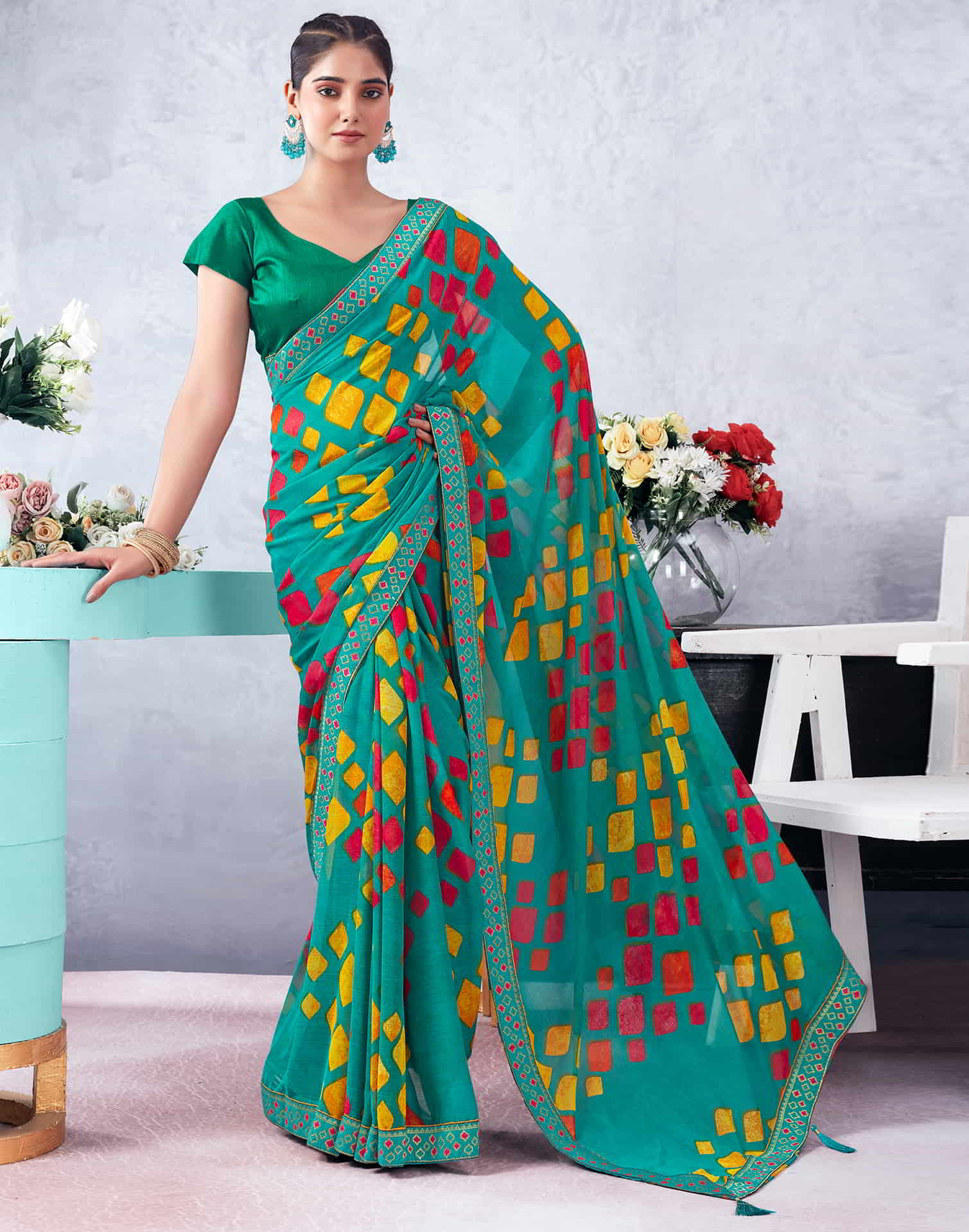 Green Printed Chiffon Geometric Saree