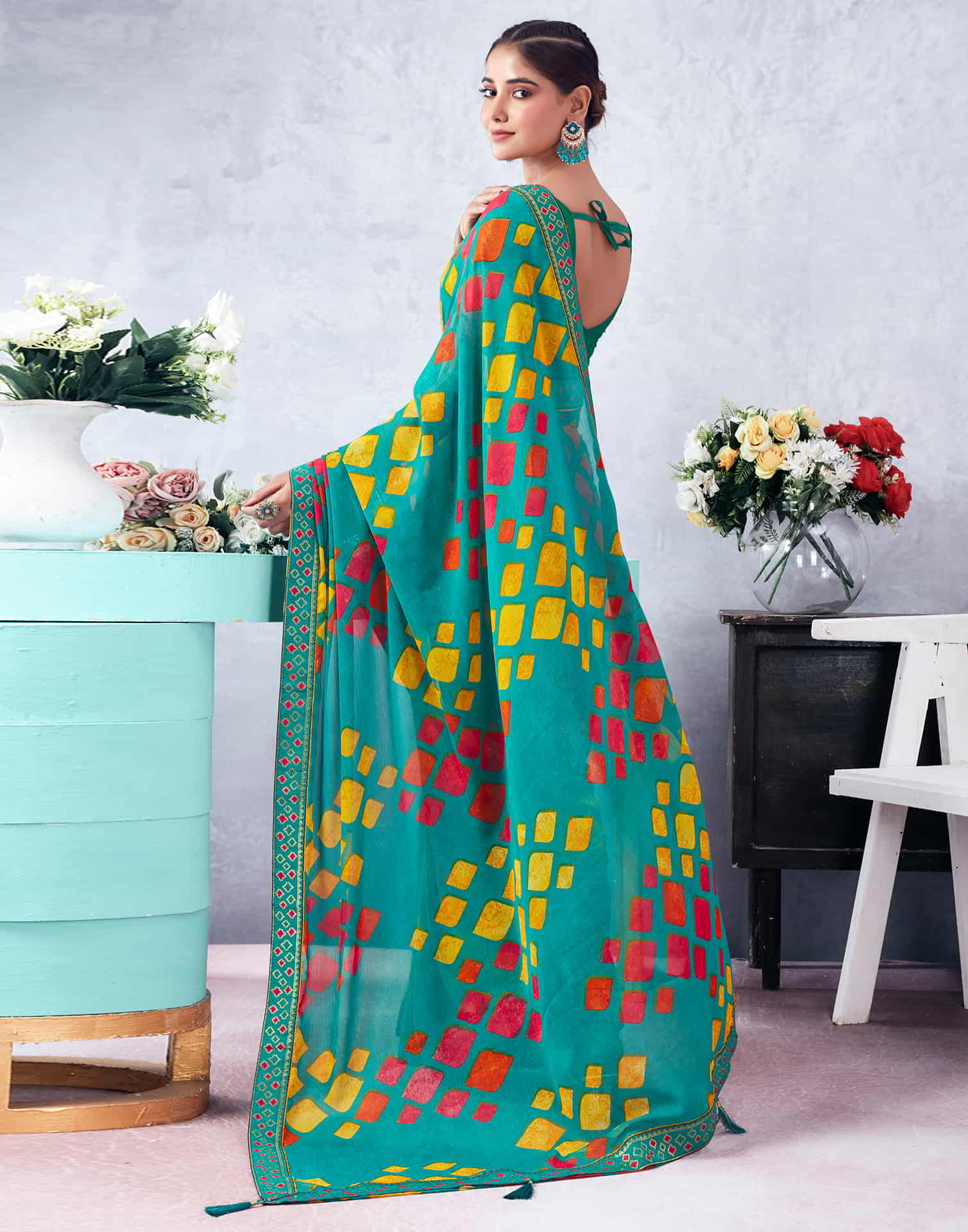 Green Printed Chiffon Geometric Saree