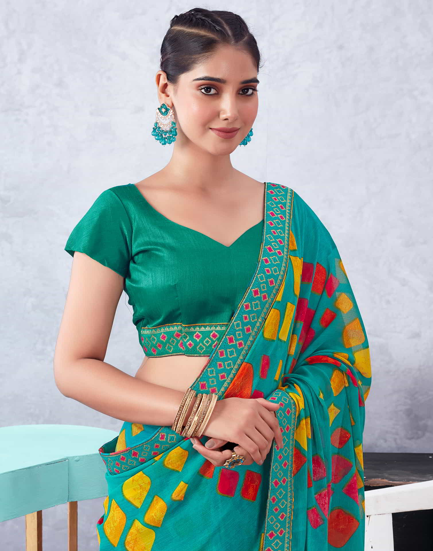 Green Printed Chiffon Geometric Saree