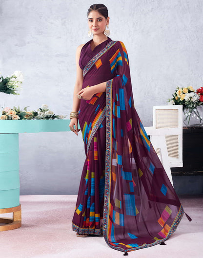 Wine Printed Chiffon Geometric Saree