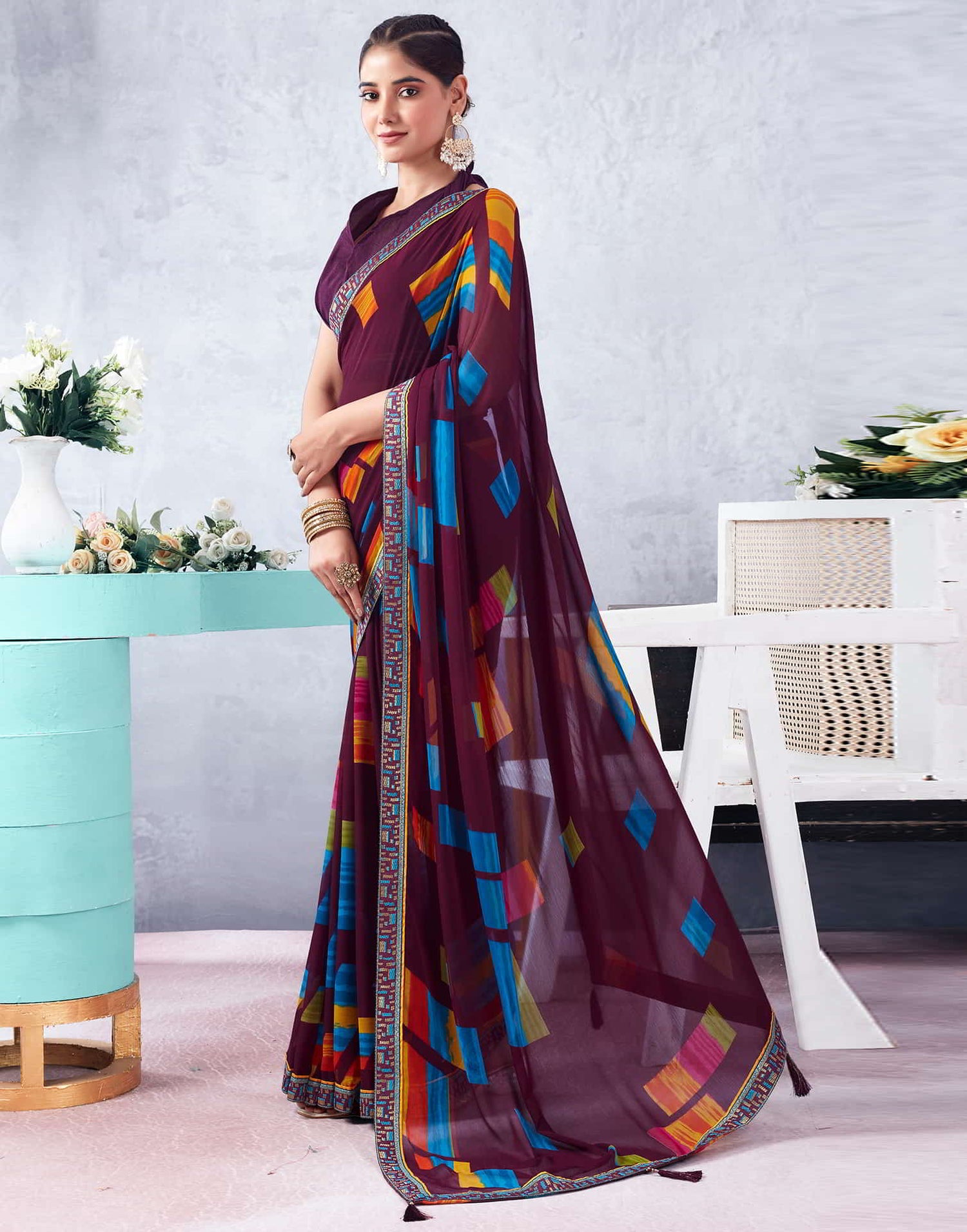 Wine Printed Chiffon Geometric Saree