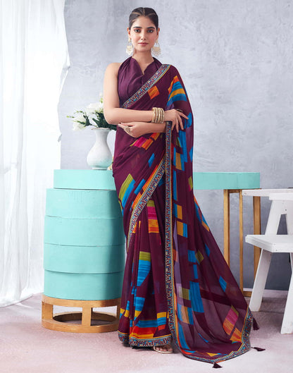 Wine Printed Chiffon Geometric Saree